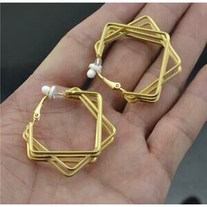 Clip on  1 1/4" matte gold multi square hoop earrings